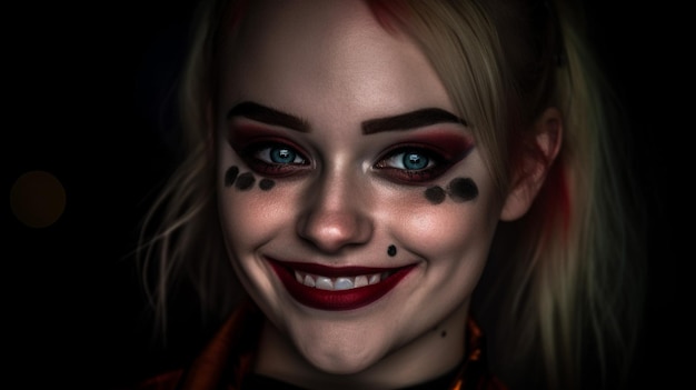 A woman with makeup and a smile that says harley quinn on it.