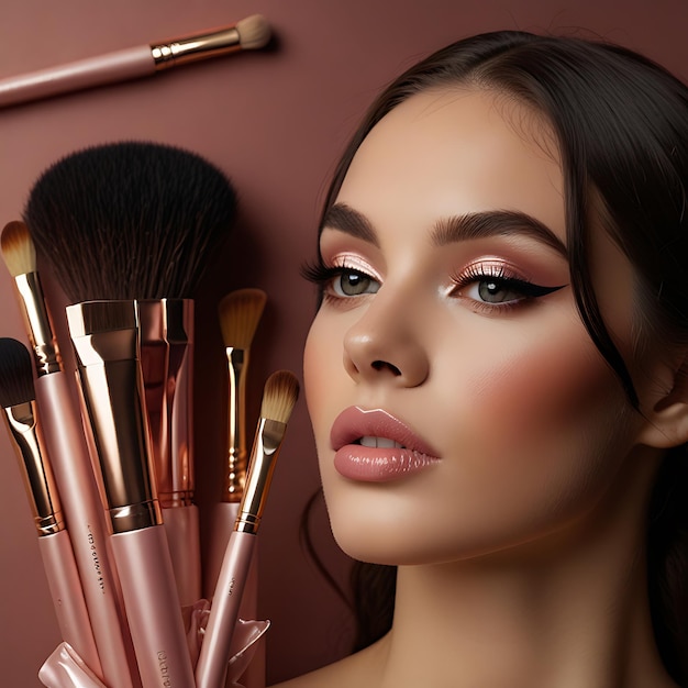 Photo a woman with a makeup that says quot makeup quot aesthetically arranged display of makeup products