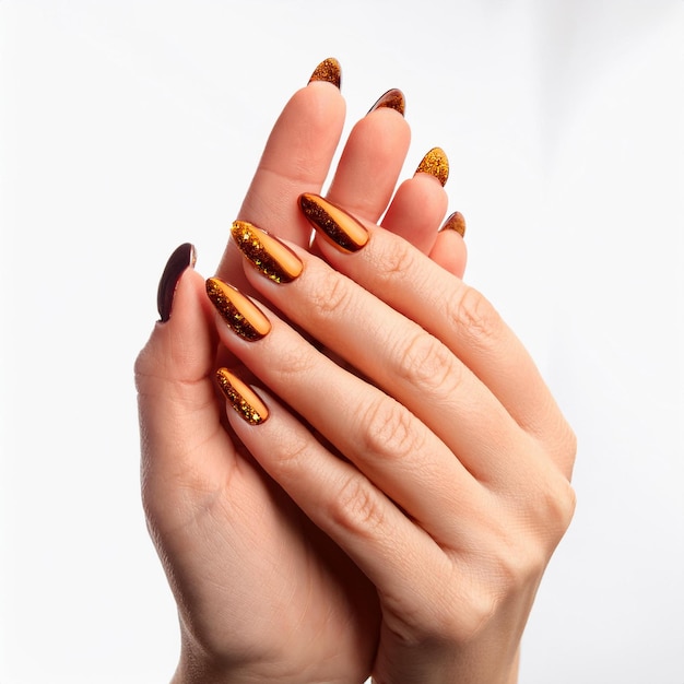 a woman with a manicure that says quot brown quot on the nails