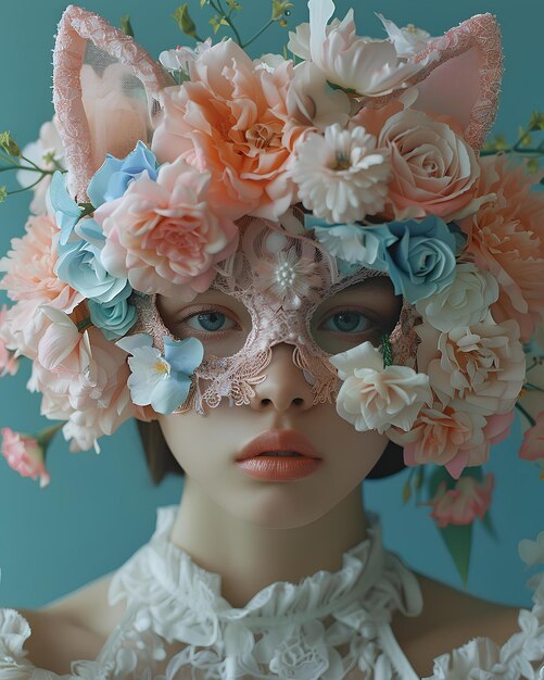 A woman with a mask made of flowers on her face and a cat mask on her head with a blue background