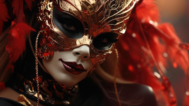 Photo a woman with a mask and red feathers ai