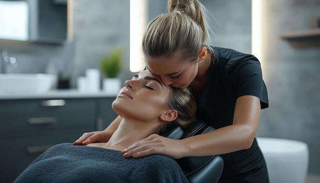 Photo a woman with a massage on her neck is touching her neck