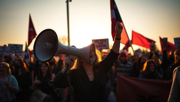 Photo a woman with a megaphone in her hand is holding a megaphone with a sign saying  cant tell you