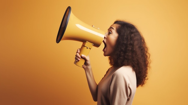 A woman with a megaphone in her mouth