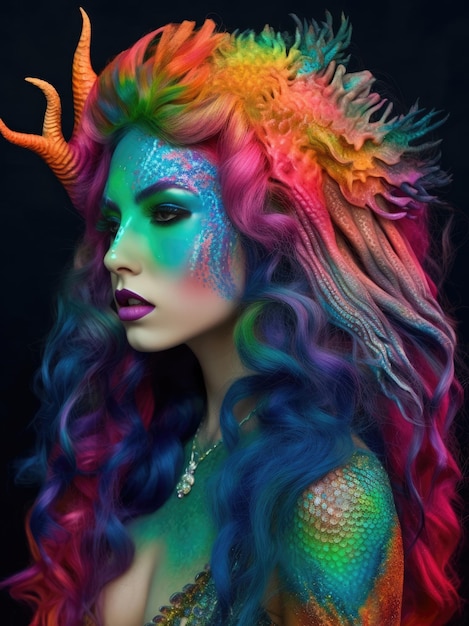 A woman with a mermaid hair with a tail and horns painted in rainbow colors