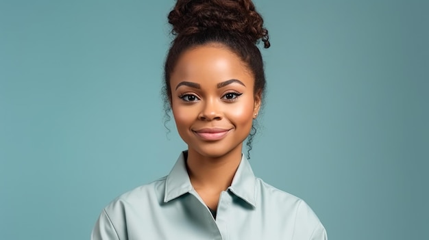 A woman with a messy bun and a blue shirt