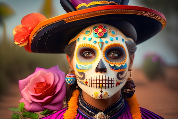 A woman with a Mexican skull painted on her face surrounded by flowers