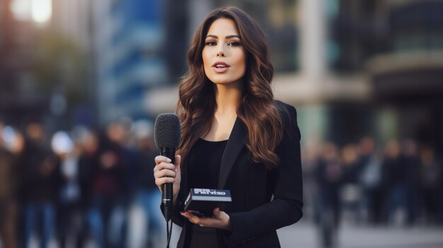 Photo a woman with a microphone in front of a crowd of people