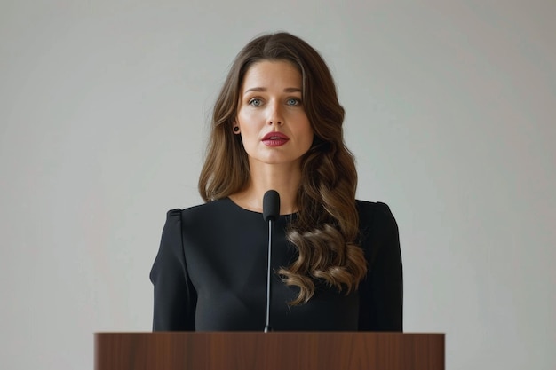 Photo woman with microphone on podium generative ai