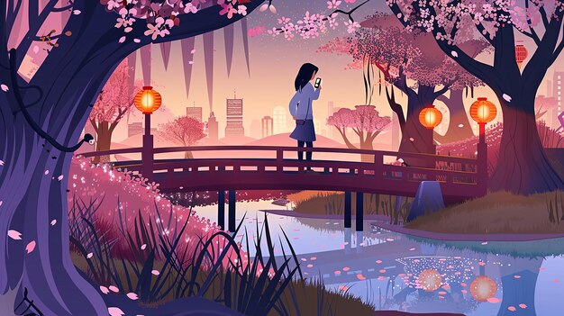 Woman with mobile phone walking in city park cartoon illustration