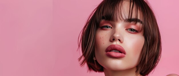 Woman with modern bob haircut posing against a solid pink background