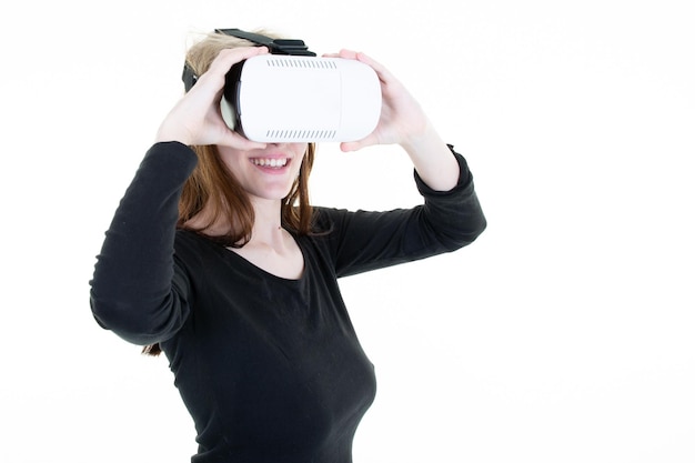 Woman with modern vr virtual reality glasses on white background