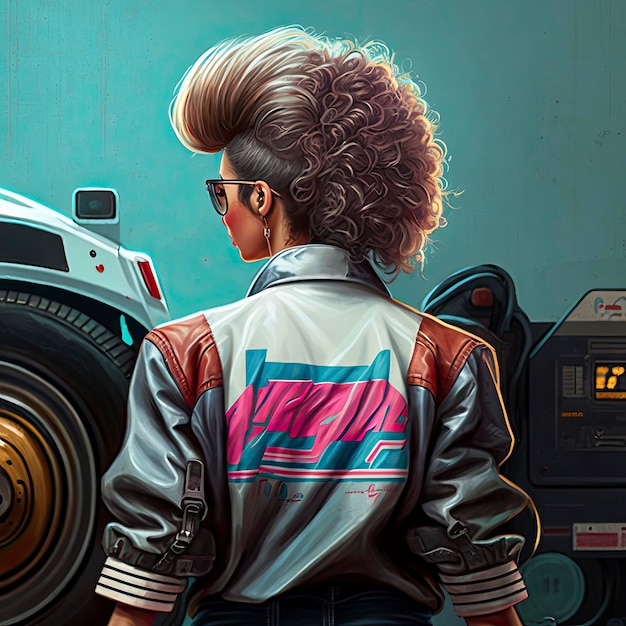 A woman with a mohawk jacket stands in front of a car with the time on it.