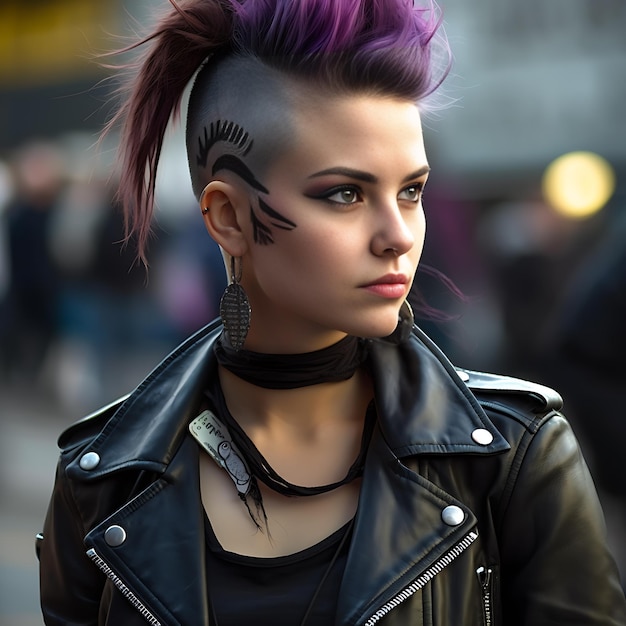 A woman with a mohawk and a leather jacket is wearing a black leather jacket.