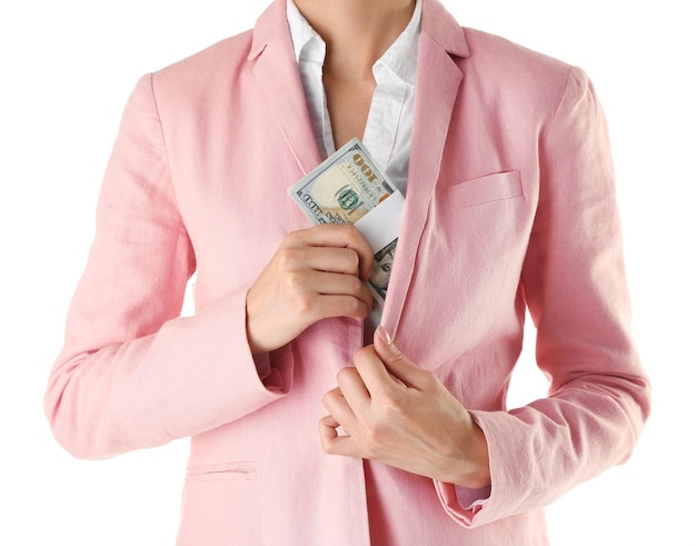 Woman with money on white background