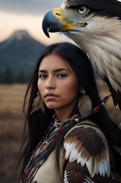 a woman with a mountain behind her back