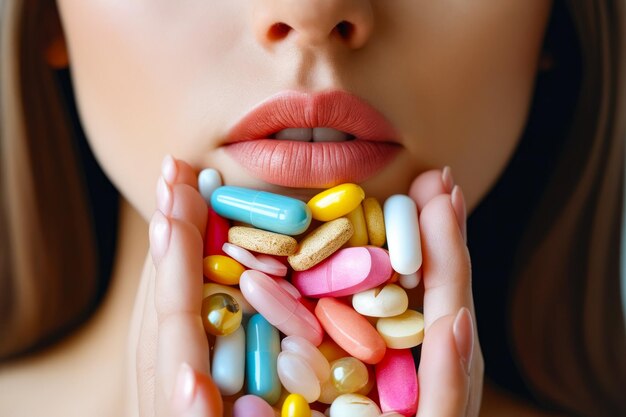 Woman with mouth full of pills and medicine