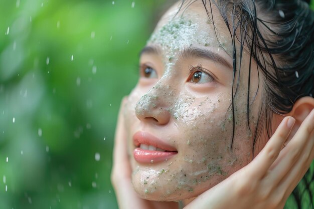 A woman with mud on her face standing in the rain