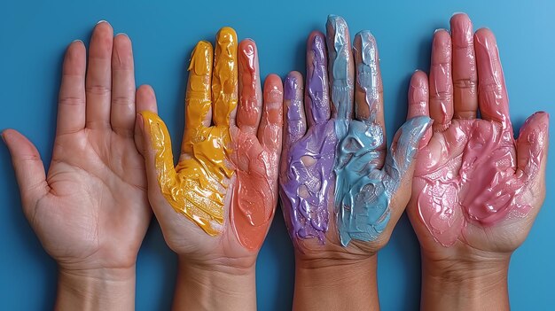 a woman with multicolored hands painted with the colors of her hands