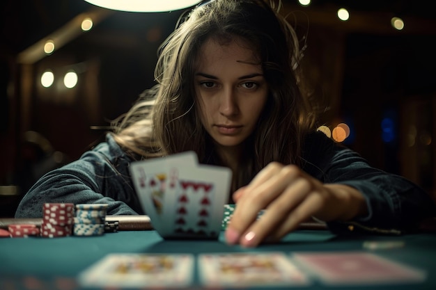 A woman with a mysterious expression concentrating on her cards and chips while playing at a casino table A woman with a mysterious expression playing with a deck of cards at a poker table