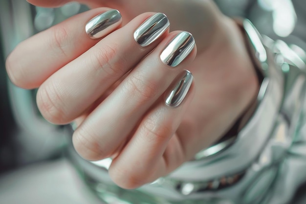 a woman with nails painted in silver and black