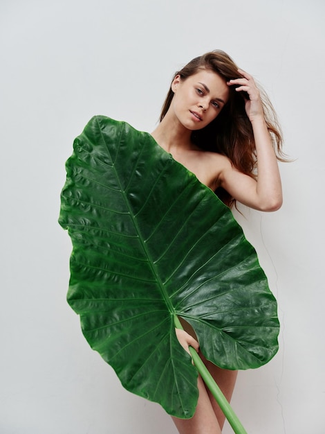 Woman with naked body hides behind a palm leaf Exotic studio