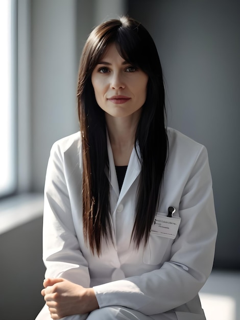 a woman with a name tag on her coat