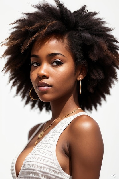 A woman with natural hair is wearing a white tank top and a white tank top.