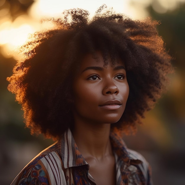 A woman with a natural hair style looks into the camera.