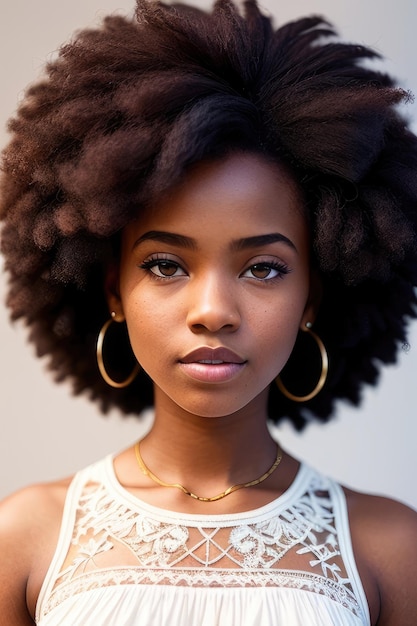 A woman with natural hair in a white top