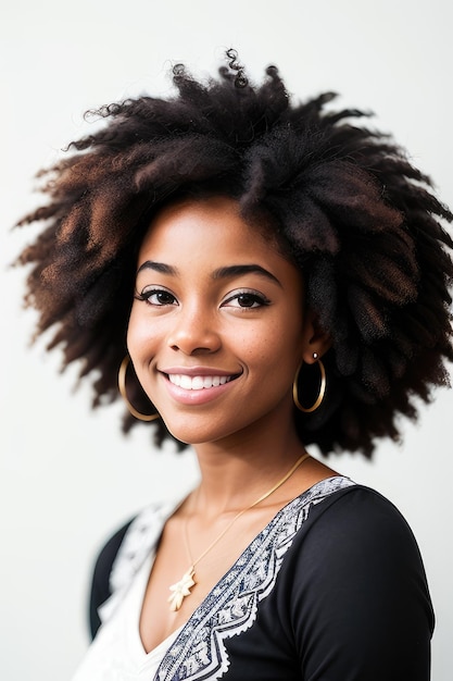 A woman with a natural haircut and a smile on her face