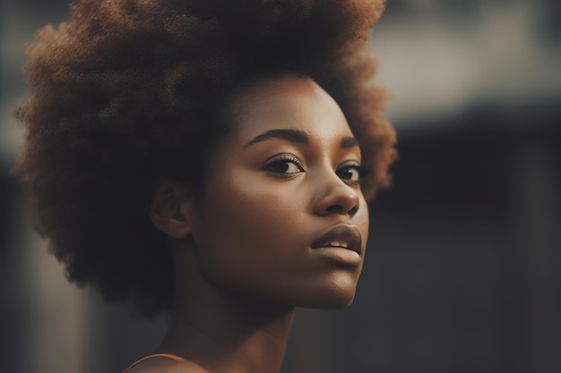 A woman with a natural haircut stands in front of a blurred background.