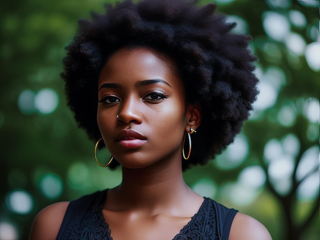 A woman with a natural haircut stands in front of a green background.