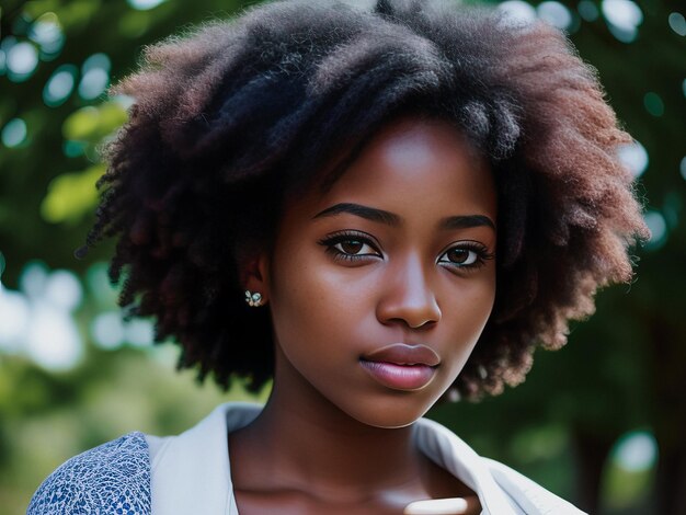 A woman with a natural haircut stands in front of a tree.