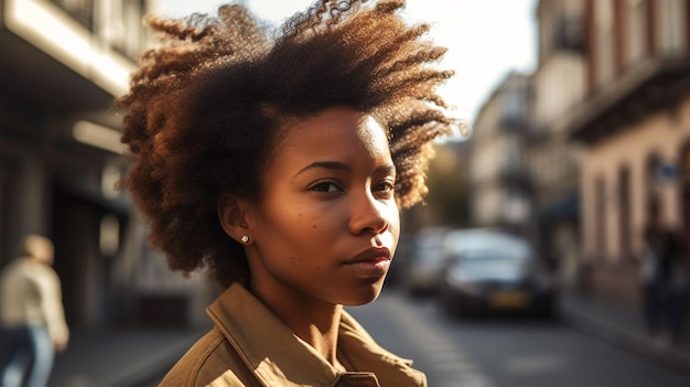 A woman with a natural haircut stands in the street.