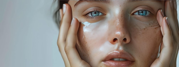 Woman with natural skin touching her face