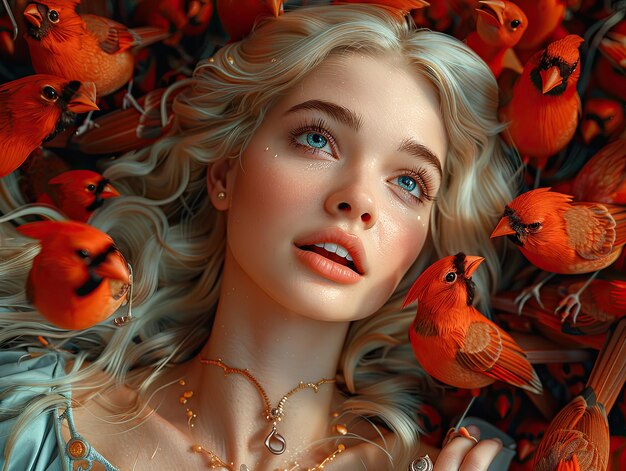 Photo a woman with a necklace of birds on her neck is posing with a bunch of flowers