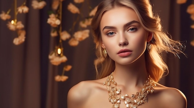 A woman with a necklace in front of a background of flowers