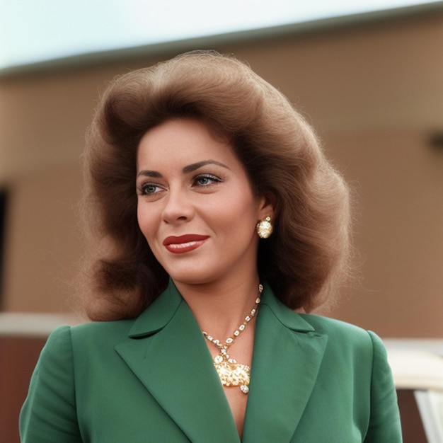 A woman with a necklace and a green jacket