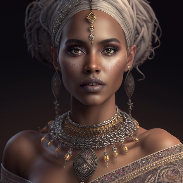 A woman with a necklace and jewelry on her head