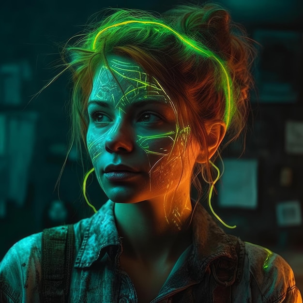 A woman with neon green paint on her face