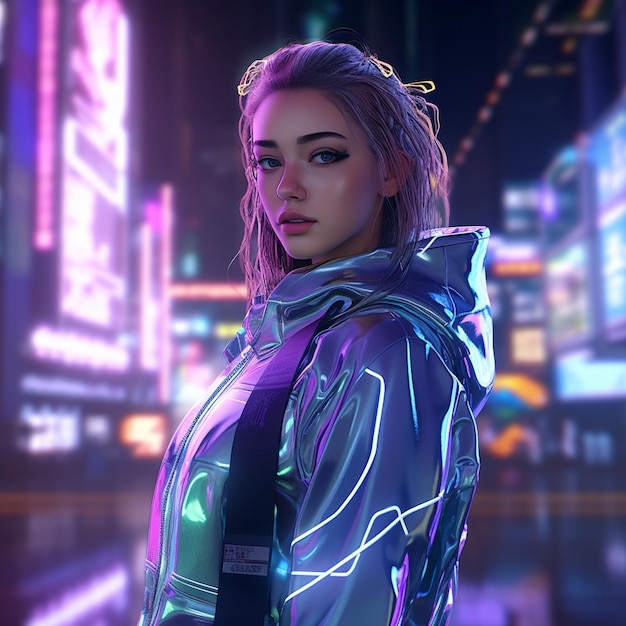 A woman with neon make up and neon hair dressed in a metallic jacket