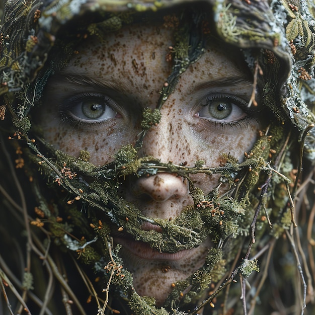 a woman with a net wrapped around her face and the word  s  on it