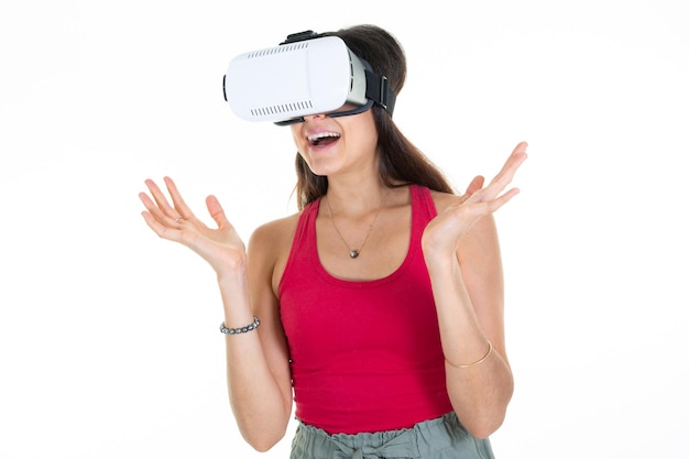 Woman with new glasses metaverse virtual reality headset VR modern future technology concept on white background