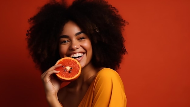 A woman with an orange background holding a grapefruit