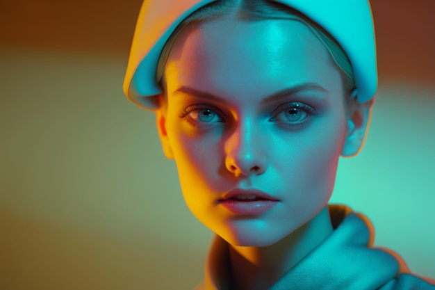 A woman with orange and blue eyes looks into the camera.