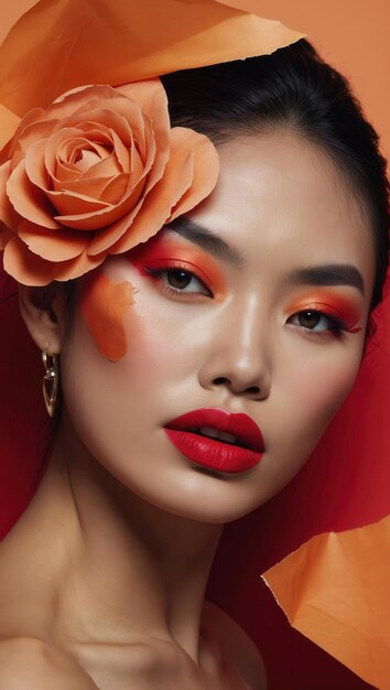 Woman with orange flower and bold makeup