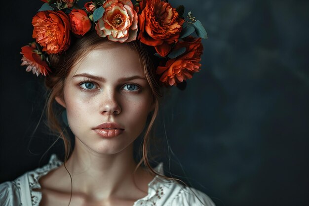 a woman with an orange flower wreath on her head