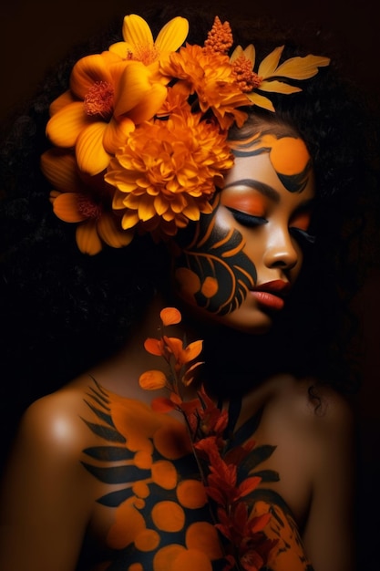 A woman with orange flowers on her face