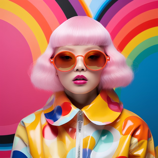 woman with orange glasses and pink hair wearing colorful jacket with rainbow background